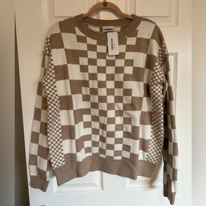Salti Road Checkered Crewneck Sweater - Beige and White